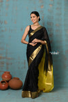 Prerna ~ Handloom Pure Chanderi Cotton Silk Saree With Golden Border - Black - verymuchindian.com