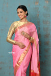 Prerna ~ Handloom Pure Chanderi Cotton Silk Saree With Golden Border - Feather Pink - verymuchindian.com