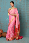 Prerna ~ Handloom Pure Chanderi Cotton Silk Saree With Golden Border - Feather Pink - verymuchindian.com
