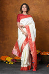 Prestige~Handloom Pure Silk Muniya Border Saree WIth Handcrafted Peacock Pallu - Blooming White - verymuchindian.com