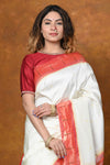 Prestige~Handloom Pure Silk Muniya Border Saree WIth Handcrafted Peacock Pallu - Blooming White - verymuchindian.com