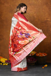 Prestige~Handloom Pure Silk Muniya Border Saree WIth Handcrafted Peacock Pallu - Blooming White - verymuchindian.com