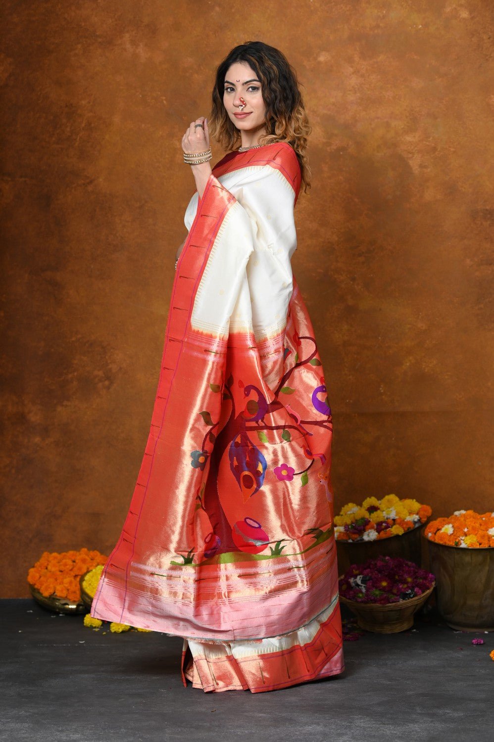 Prestige~Handloom Pure Silk Muniya Border Saree WIth Handcrafted Peacock Pallu - Blooming White - verymuchindian.com