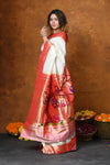 Prestige~Handloom Pure Silk Muniya Border Saree WIth Handcrafted Peacock Pallu - Blooming White - verymuchindian.com