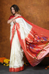 Prestige~Handloom Pure Silk Muniya Border Saree WIth Handcrafted Peacock Pallu - Blooming White - verymuchindian.com