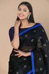 Pure Linen Saree With Sleek Border and Exclusive Design ~ Black Blue - verymuchindian.com