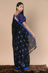 Pure Linen Saree With Sleek Border and Exclusive Design ~ Black Blue - verymuchindian.com