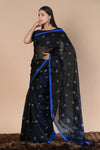 Pure Linen Saree With Sleek Border and Exclusive Design ~ Black Blue - verymuchindian.com