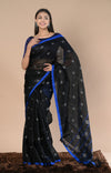 Pure Linen Saree With Sleek Border and Exclusive Design ~ Black Blue - verymuchindian.com