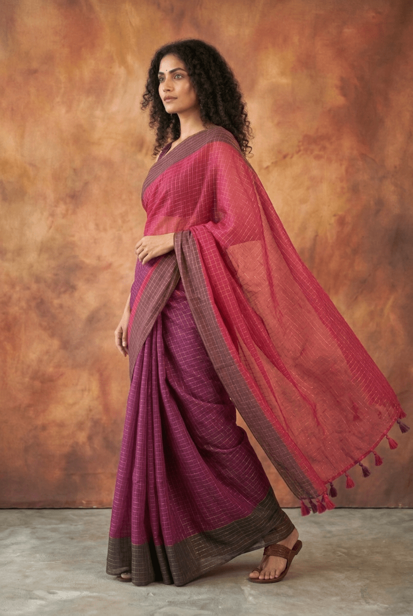 Pure Mul Cotton Handloom Saree in Magenta & Plum Mul with All - Over Golden Checks and Zari Border - verymuchindian.com