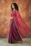 Pure Mul Cotton Handloom Saree in Magenta & Plum Mul with All - Over Golden Checks and Zari Border - verymuchindian.com