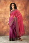 Pure Mul Cotton Handloom Saree in Magenta & Plum Mul with All - Over Golden Checks and Zari Border - verymuchindian.com