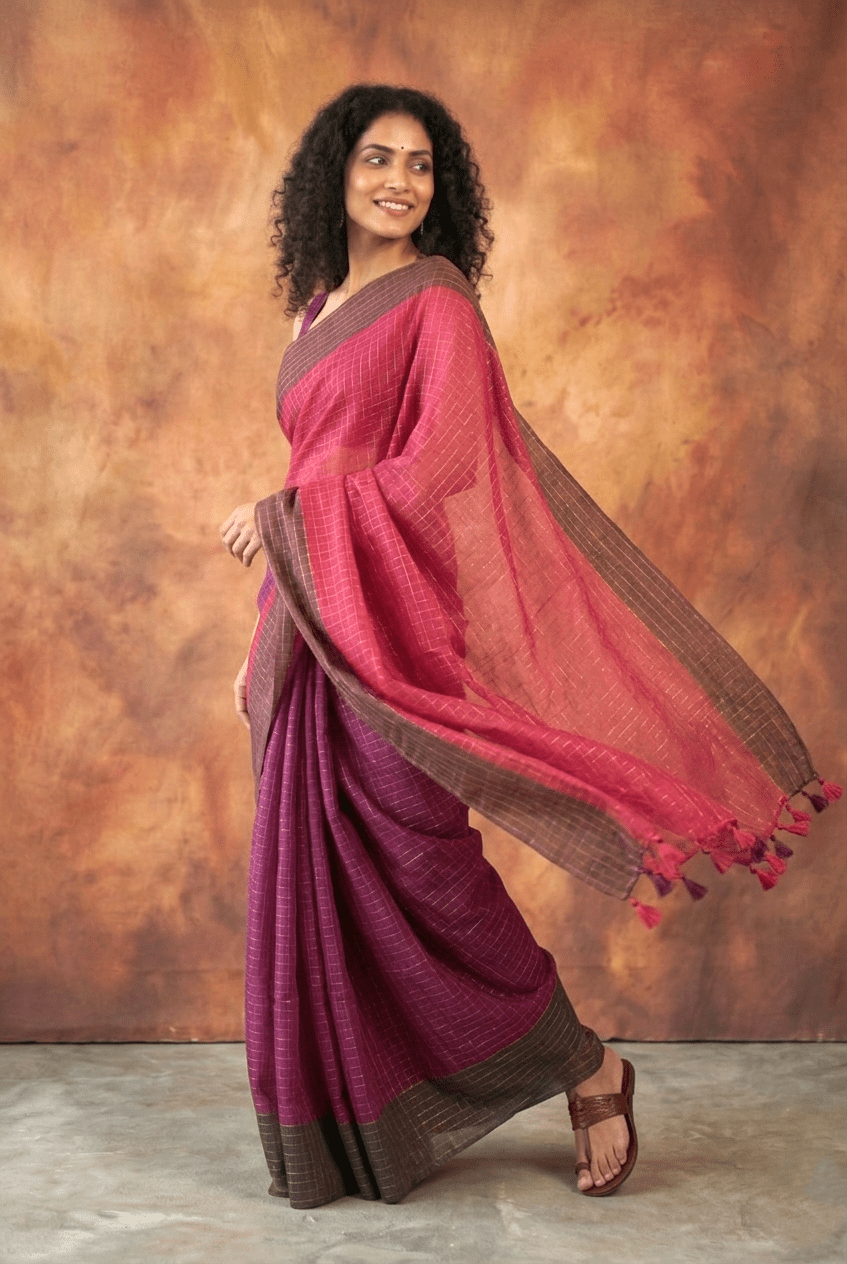 Pure Mul Cotton Handloom Saree in Magenta & Plum Mul with All - Over Golden Checks and Zari Border - verymuchindian.com