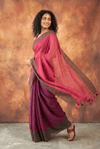 Pure Mul Cotton Handloom Saree in Magenta & Plum Mul with All - Over Golden Checks and Zari Border - verymuchindian.com