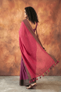 Pure Mul Cotton Handloom Saree in Magenta & Plum Mul with All - Over Golden Checks and Zari Border - verymuchindian.com
