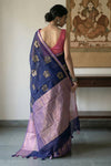 Pure Mul Cotton Handloom Saree with Beautiful Floral motif ~ Blue lilac - verymuchindian.com