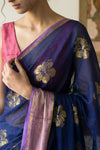 Pure Mul Cotton Handloom Saree with Beautiful Floral motif ~ Blue lilac - verymuchindian.com