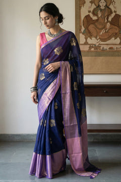 Pure Mul Cotton Handloom Saree with Beautiful Floral motif ~ Blue lilac - verymuchindian.com