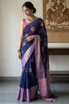 Pure Mul Cotton Handloom Saree with Beautiful Floral motif ~ Blue lilac - verymuchindian.com