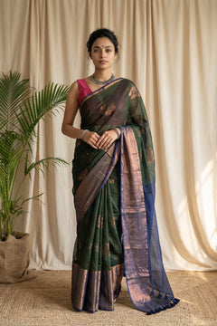 Pure Mul Cotton Handloom Saree with Beautiful Floral motif ~ Green Blue - verymuchindian.com