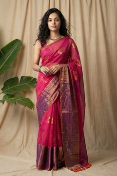 Pure Mul Cotton Handloom Saree with Beautiful Floral motif ~ Pink - verymuchindian.com