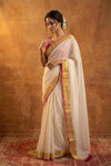 Pure Mul Cotton Handloom Saree with Golden Border - Offwhite pink - verymuchindian.com