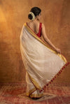 Pure Mul Cotton Handloom Saree with Golden Border - Offwhite Red - verymuchindian.com