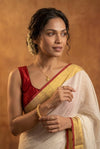 Pure Mul Cotton Handloom Saree with Golden Border - Offwhite Red - verymuchindian.com