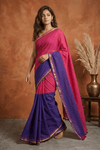Pure Mul Cotton Handloom Saree with Half and Half in Fuchsia Pink & Royal Purple with Zari Border - verymuchindian.com