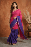 Pure Mul Cotton Handloom Saree with Half and Half in Fuchsia Pink & Royal Purple with Zari Border - verymuchindian.com