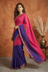 Pure Mul Cotton Handloom Saree with Half and Half in Fuchsia Pink & Royal Purple with Zari Border - verymuchindian.com