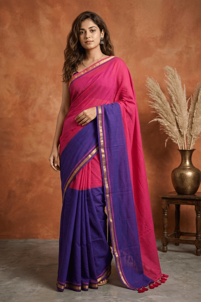 Pure Mul Cotton Handloom Saree with Half and Half in Fuchsia Pink & Royal Purple with Zari Border - verymuchindian.com