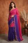 Pure Mul Cotton Handloom Saree with Half and Half in Fuchsia Pink & Royal Purple with Zari Border - verymuchindian.com