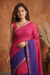 Pure Mul Cotton Handloom Saree with Half and Half in Fuchsia Pink & Royal Purple with Zari Border - verymuchindian.com