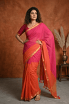 Pure Mul Cotton Handloom Saree with Half and Half in Pink & Orange with Zari Border - verymuchindian.com