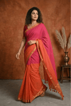 Pure Mul Cotton Handloom Saree with Half and Half in Pink & Orange with Zari Border - verymuchindian.com