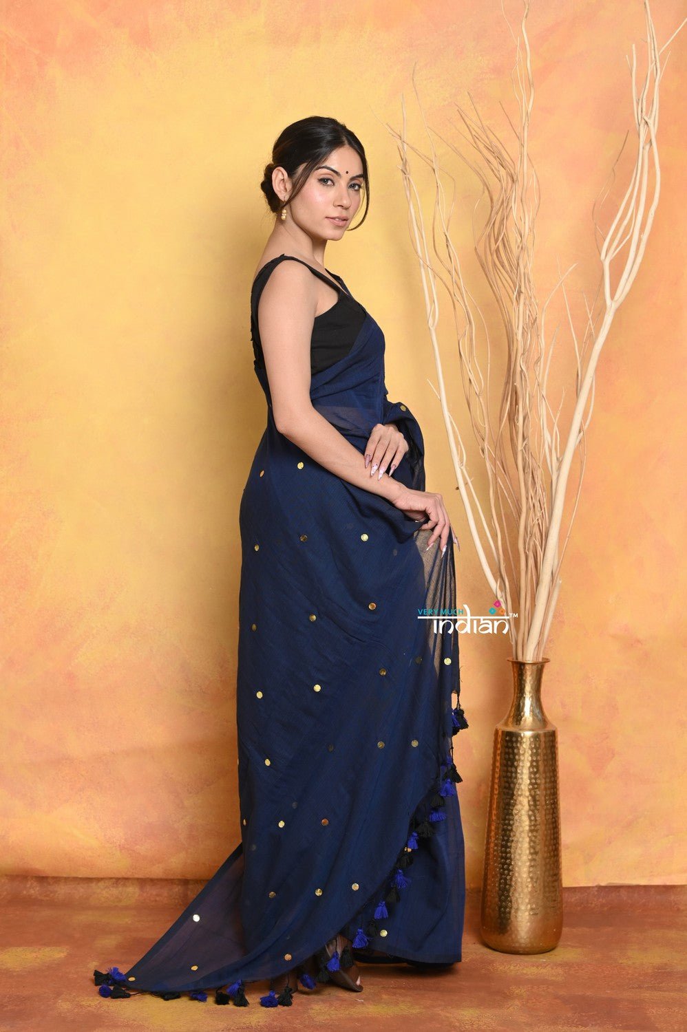 Pure Mul Cotton Handloom Saree with Sequin - Dark Blue - verymuchindian.com