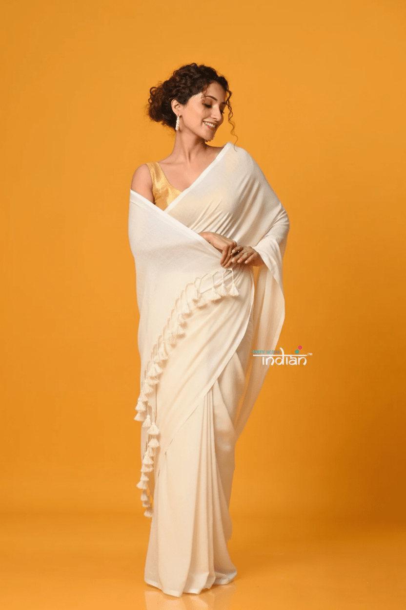 Pure Mul Cotton Handloom Saree with Solid Ivory - verymuchindian.com