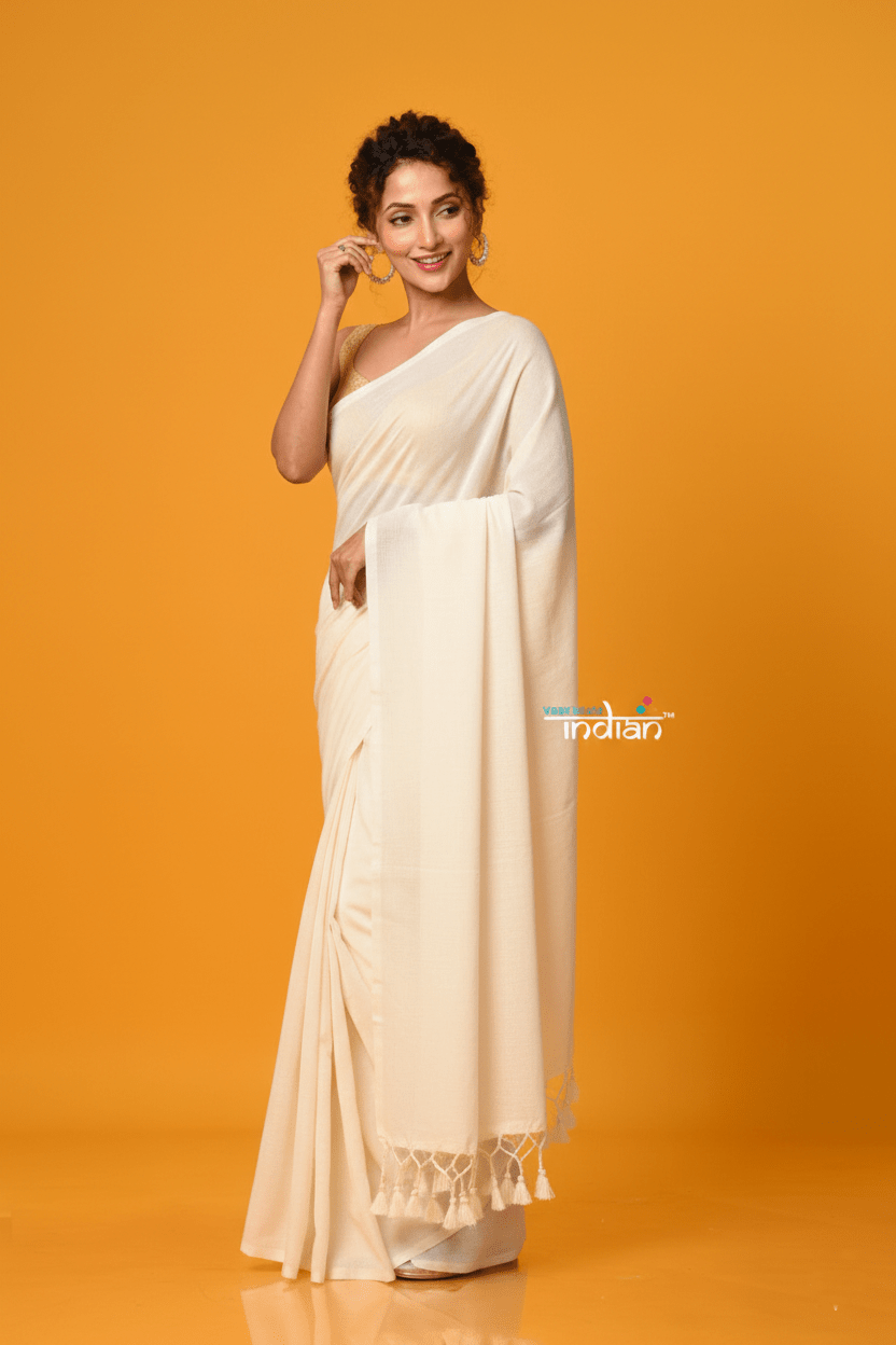 Pure Mul Cotton Handloom Saree with Solid Ivory - verymuchindian.com
