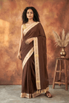 Pure Mul Cotton Handloom Sarees with Cocoa Brown Mulmul Cotton Saree with Cream & Gold Zari - verymuchindian.com