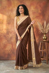Pure Mul Cotton Handloom Sarees with Cocoa Brown Mulmul Cotton Saree with Cream & Gold Zari - verymuchindian.com