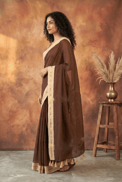 Pure Mul Cotton Handloom Sarees with Cocoa Brown Mulmul Cotton Saree with Cream & Gold Zari - verymuchindian.com