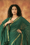 Pure Mul Cotton Handloom Sarees with Intricate Gold Borders ~ Dark Green - verymuchindian.com