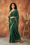 Pure Mul Cotton Handloom Sarees with Intricate Gold Borders ~ Dark Green - verymuchindian.com