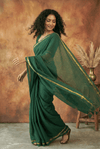 Pure Mul Cotton Handloom Sarees with Intricate Gold Borders ~ Dark Green - verymuchindian.com