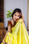 Raaga~ Traditional Handloom Pure Cotton Fresh Yellow Paithani with Parrots Pallu - verymuchindian.com
