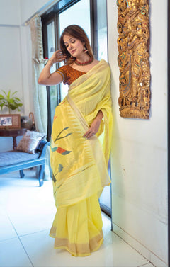 Raaga~ Traditional Handloom Pure Cotton Fresh Yellow Paithani with Parrots Pallu - verymuchindian.com