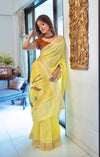 Raaga~ Traditional Handloom Pure Cotton Fresh Yellow Paithani with Parrots Pallu - verymuchindian.com