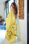 Raaga~ Traditional Handloom Pure Cotton Fresh Yellow Paithani with Parrots Pallu - verymuchindian.com