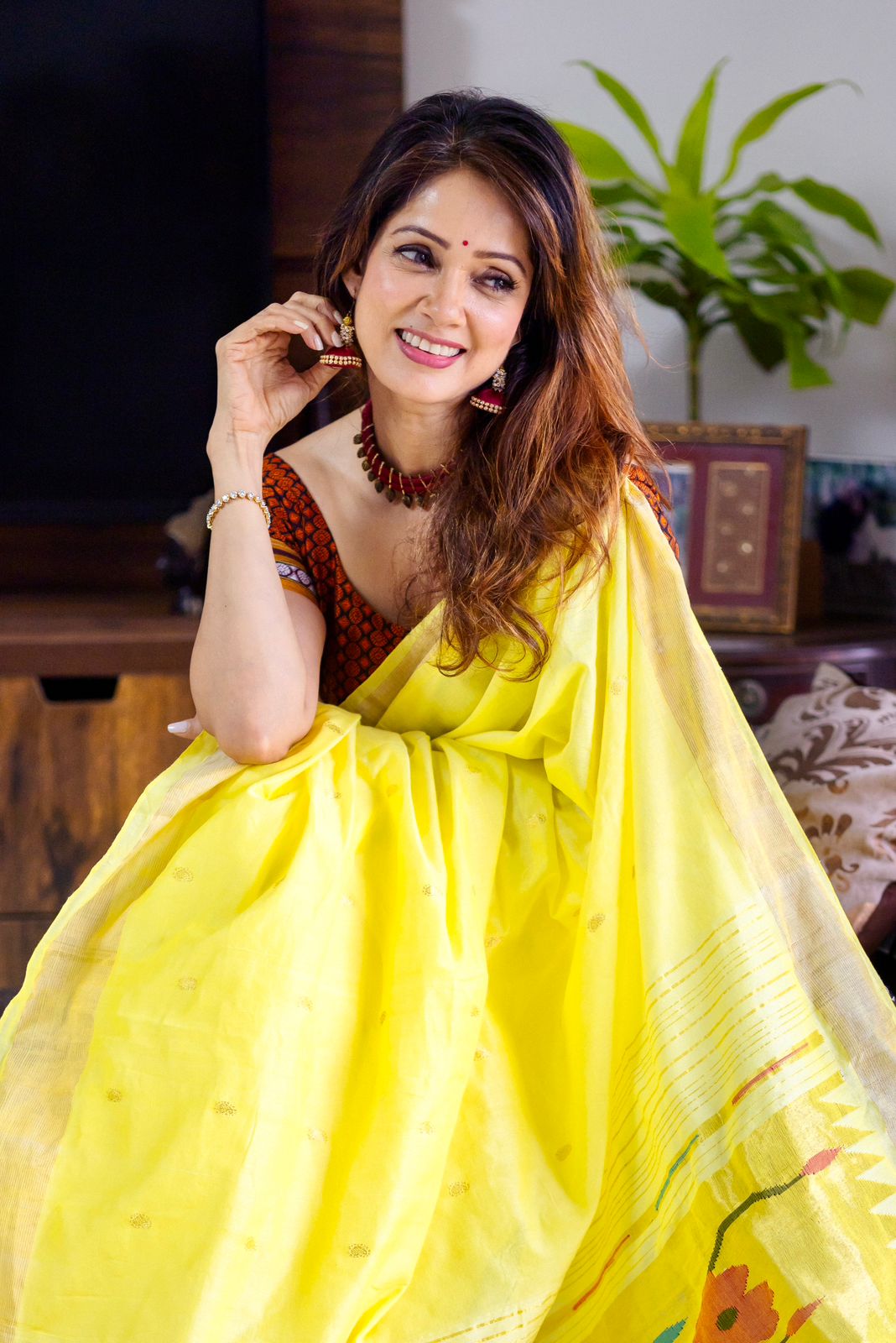Raaga~ Traditional Handloom Pure Cotton Fresh Yellow Paithani with Parrots Pallu - verymuchindian.com